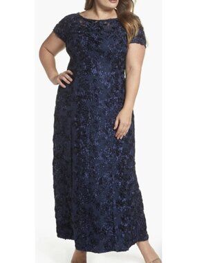 ALEX EVENINGS Rosette Lace Navy Blue Sequin Long Maxi Dress Gown Wedding Prom 16